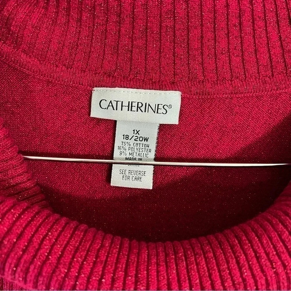 Catherines Red Metallic Sparkle Knit Tank 1X Draped Rolled Turtleneck Sweater - Picture 5 of 5